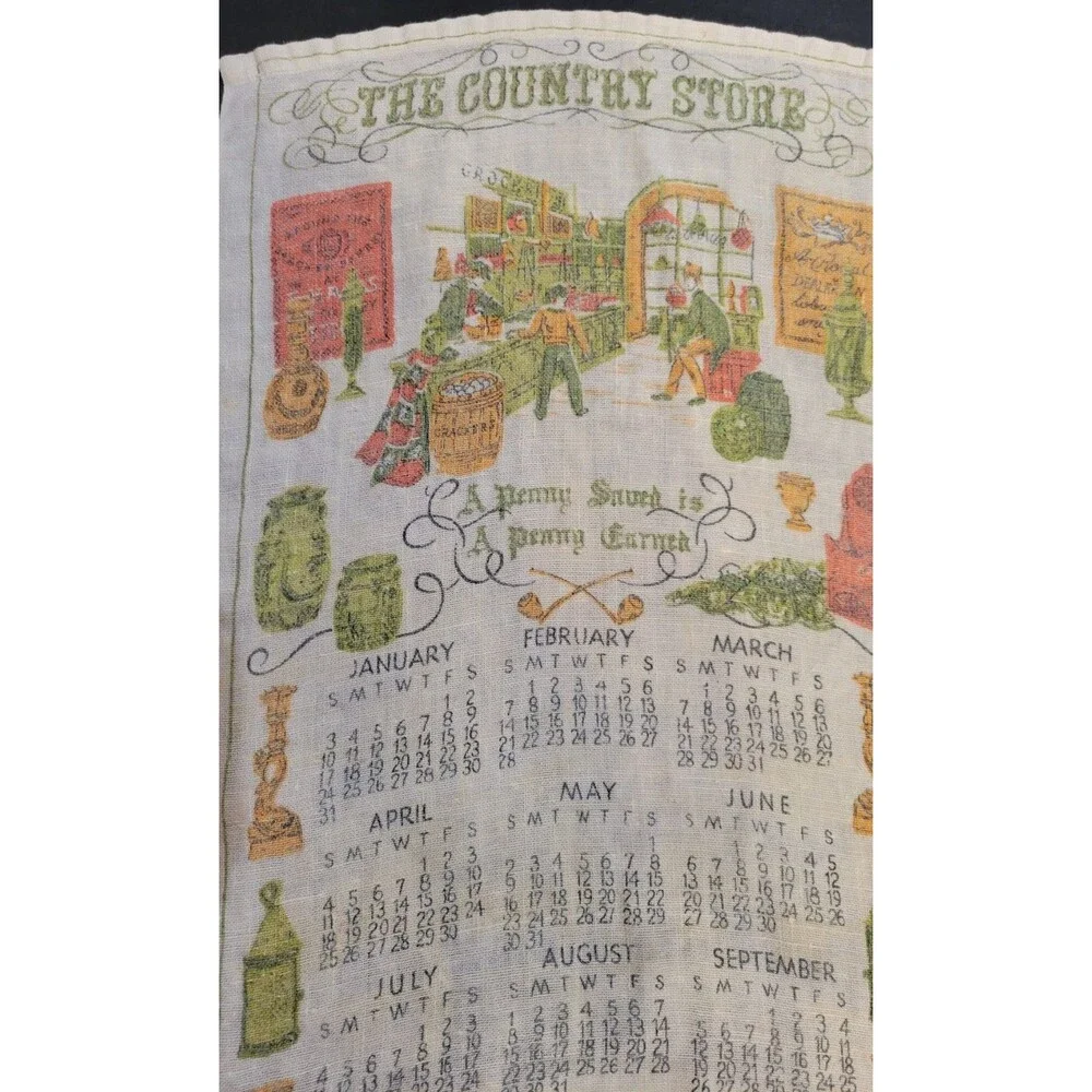 Vintage 1971 Calendar Towel Country Store Penny Saved Penny Earned